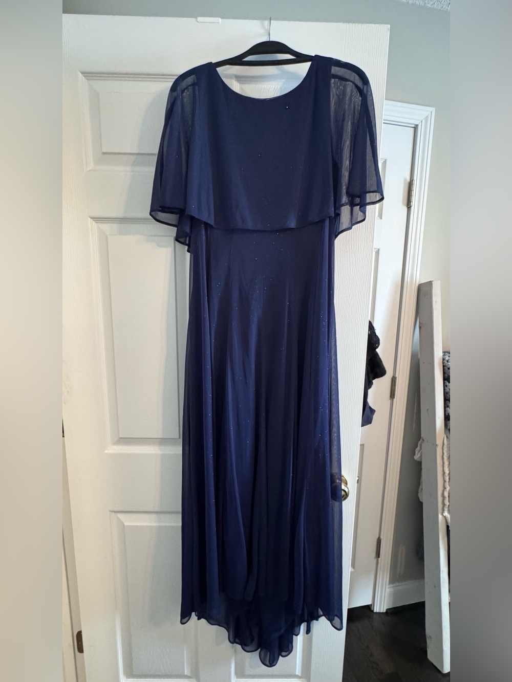 Danny & Nicole Navy Blue Chiffon Cape Formal Dress